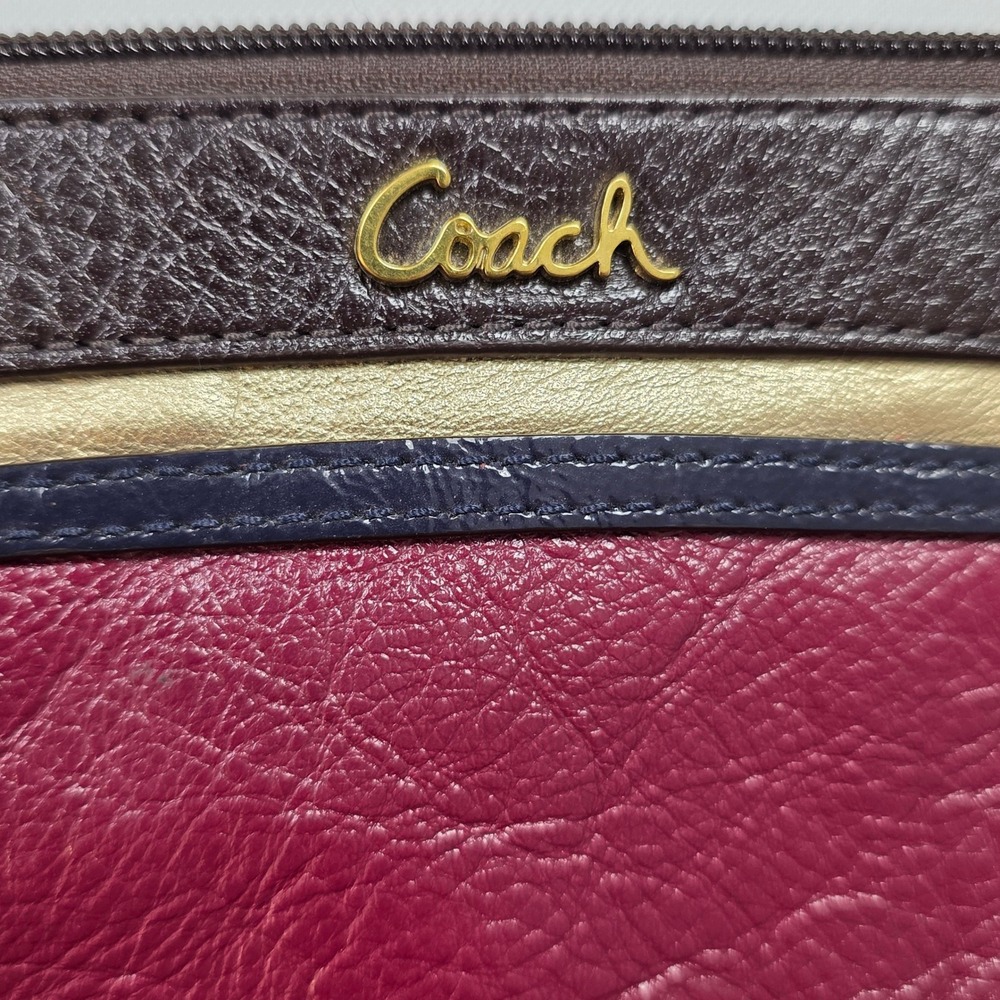 Coach Burgundy Brown Navy Gold Leather Colorblock Wristlet Pouch Zip Top Bag - Picture 5 of 9